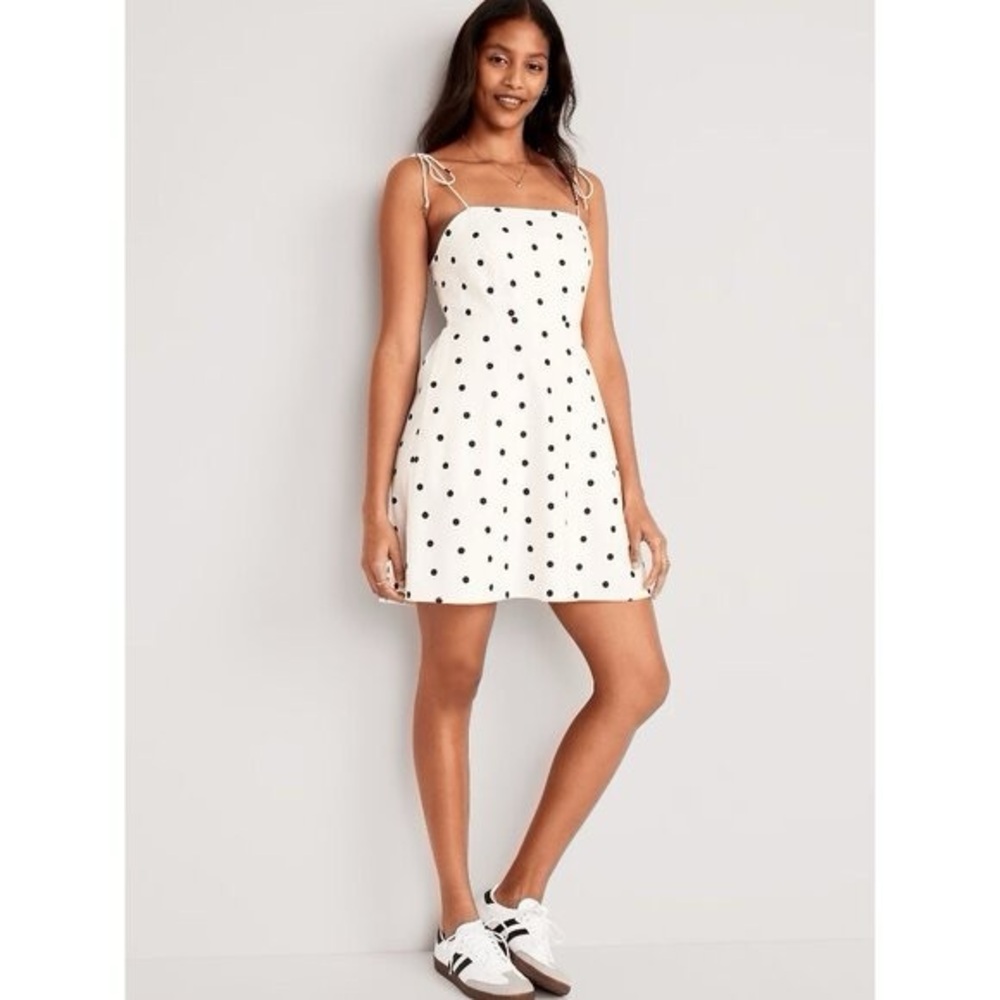 Old Navy linen fit & flare Polka Dot tie Spaghetti‎ Strap Dress cream black XS